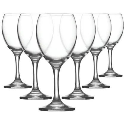 Set of six Imperial Red Wine Glasses by Glassware UK, 250ml capacity, clear glass with elegant bowl and stem design.