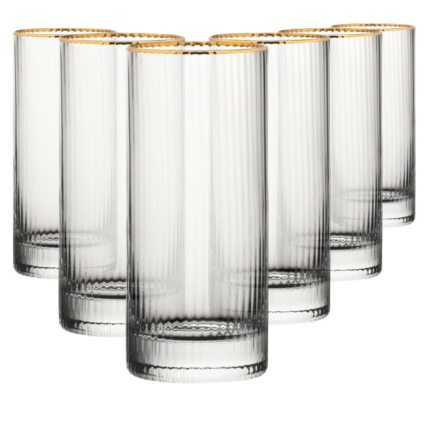 Set of six Hayworth Gold Rimmed Highball Glasses, 350ml whisky tumblers by Glassware UK, with clear glass and elegant gold rims.
