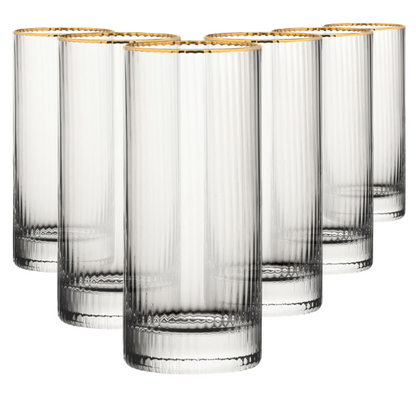 Set of six Hayworth Gold Rimmed Highball Glasses, 350ml whisky tumblers by Glassware UK, with clear glass and elegant gold rims.