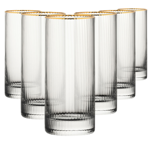 Set of six Hayworth Gold Rimmed Highball Glasses, 350ml whisky tumblers by Glassware UK, with clear glass and elegant gold rims.