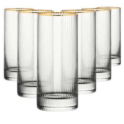 Set of six Glassware UK Hayworth gold rimmed 350ml highball glasses, stylish whisky tumblers with elegant gold accents.