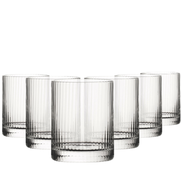 Set of six Hayworth DOF whisky tumblers by Glassware UK, 320ml capacity, clear glass with a sturdy design.