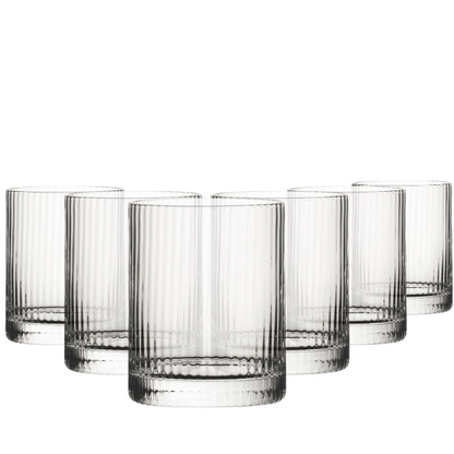 Set of six Hayworth DOF whisky tumblers by Glassware UK, 320ml capacity, clear glass with a sturdy design.