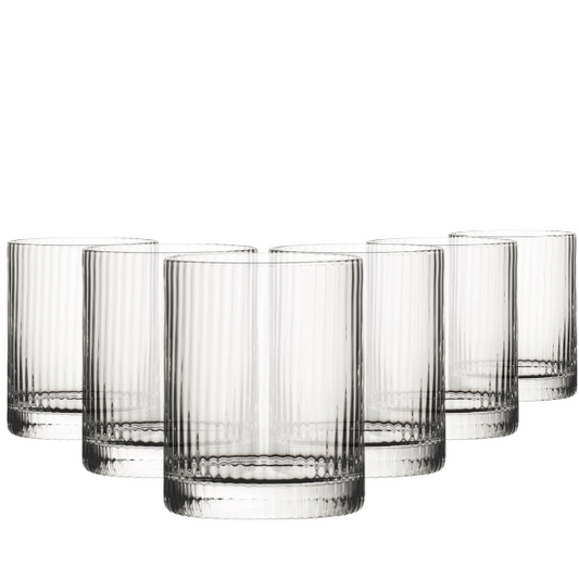 Set of six Hayworth DOF whisky tumblers by Glassware UK, 320ml capacity, clear glass with a sturdy design.