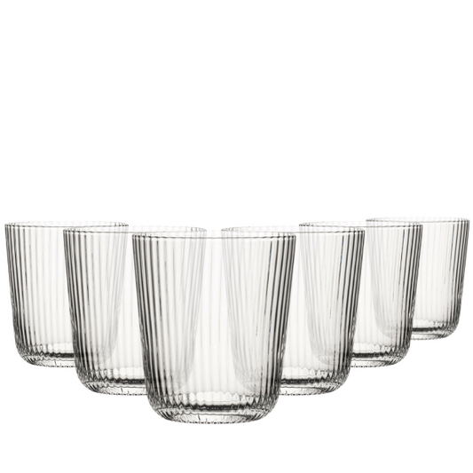 Set of six Glassware UK Hayworth glass tumblers, 360ml whisky tumblers with clear glass and smooth rim design.