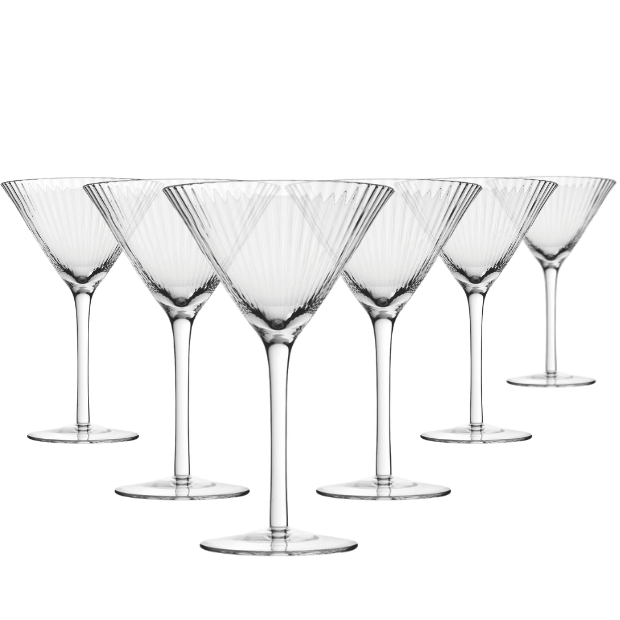 Set of six Glassware UK Hayworth 300ml cocktail martini glasses with clear bowls and elegant stems for stylish drinks.