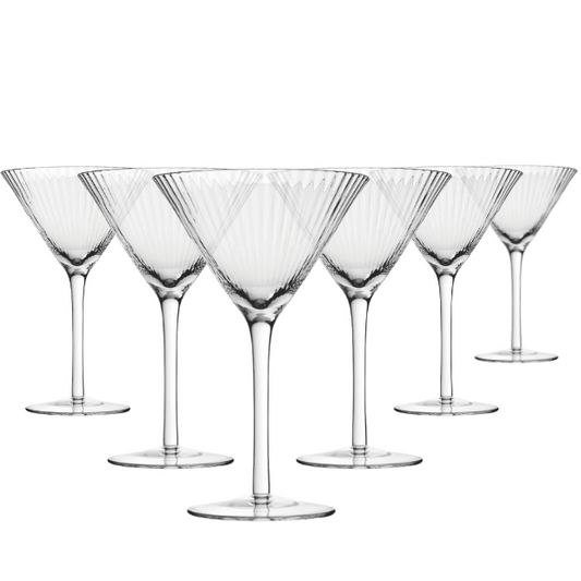Set of six Glassware UK Hayworth 300ml cocktail martini glasses with clear bowls and elegant stems for stylish drinks.