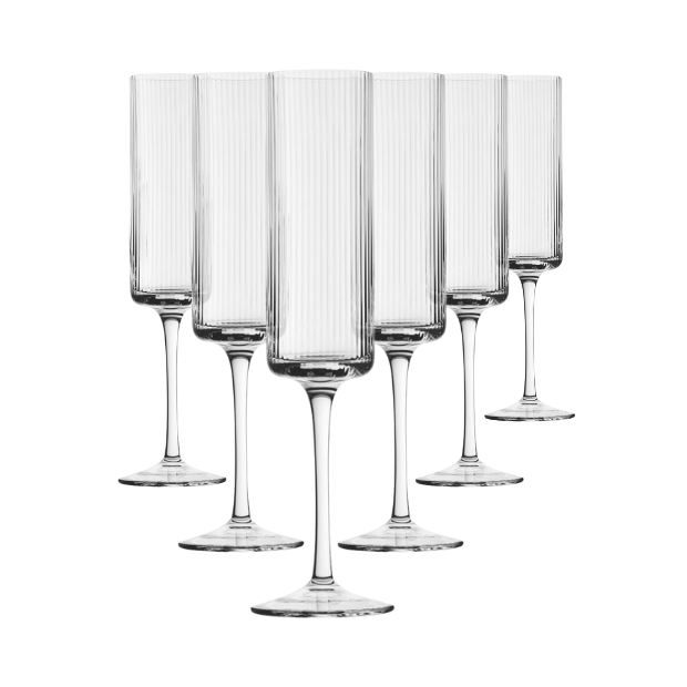 Set of six Glassware UK Hayworth Champagne Flutes, 250ml, clear glass with elegant stem and bowl for sparkling wine.