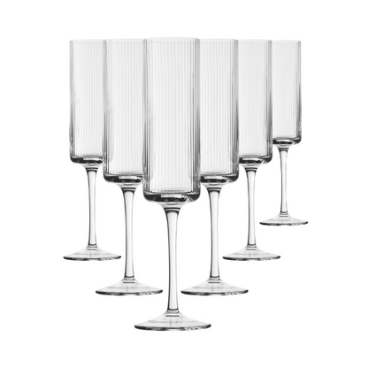 Set of six Glassware UK Hayworth Champagne Flutes, 250ml, clear glass with elegant stem and bowl for sparkling wine.