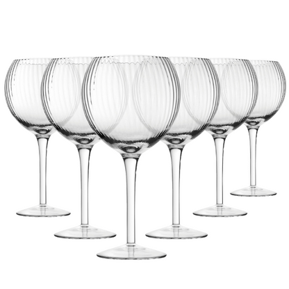 Set of six Hayworth gin glasses by Glassware UK, 580ml capacity, clear glass with elegant bowl shape for gin and cocktails.