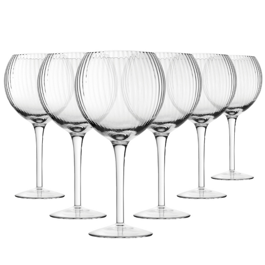 Set of six Hayworth gin glasses by Glassware UK, 580ml capacity, clear glass with elegant bowl shape for gin and cocktails.