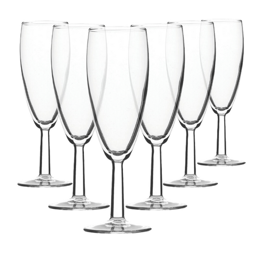Set of six Saxon champagne flutes by Glassware UK, 150ml crystal glassware for celebrating occasions.