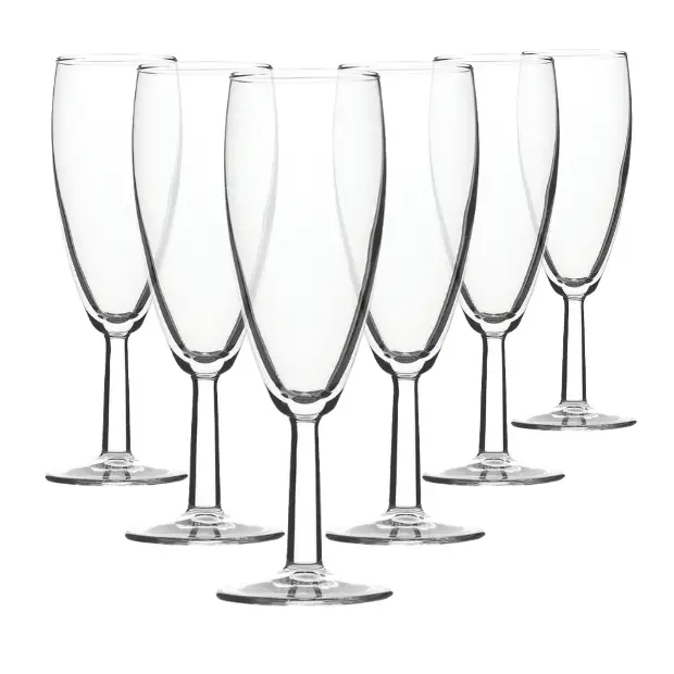 Set of six Saxon Champagne Flutes by Glassware UK, 150ml capacity, clear glass with elegant tall stems.