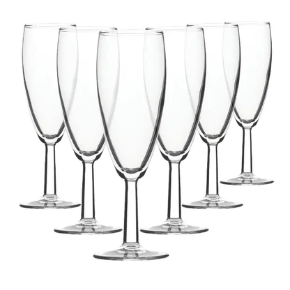 Set of six Saxon Champagne Flutes by Glassware UK, 150ml capacity, clear glass with elegant tall stems.