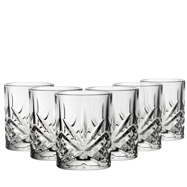 Set of six Glassware UK Symphony 60ml shot glasses, clear glass with elegant design, perfect for serving small drinks or spirits.
