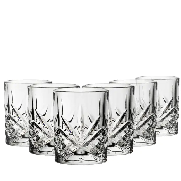 Six clear Symphony shot glasses from Glassware UK, 60ml capacity, featuring sleek, modern design for serving spirits.