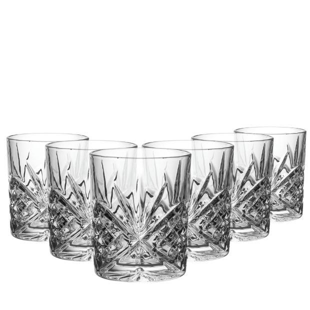 Set of six Symphony Old Fashioned Whisky Tumblers by Glassware UK, 320ml capacity, clear glass with a classic design.