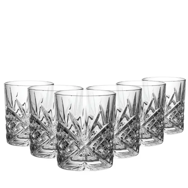Set of six Symphony Old Fashioned Whisky Tumblers by Glassware UK, 320ml capacity, clear glass with a classic design.