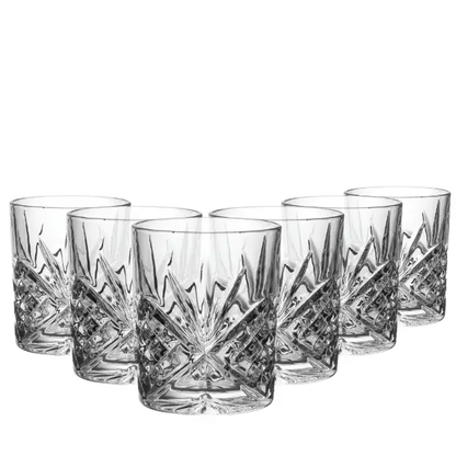 Set of six Symphony Old Fashioned Whisky Tumblers by Glassware UK, 320ml capacity, clear glass with a classic design.