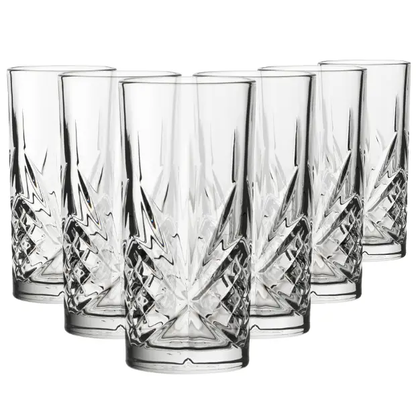 Set of six Symphony 300ml whisky tumblers by Glassware UK, clear glass drink glasses with smooth rounded rims.