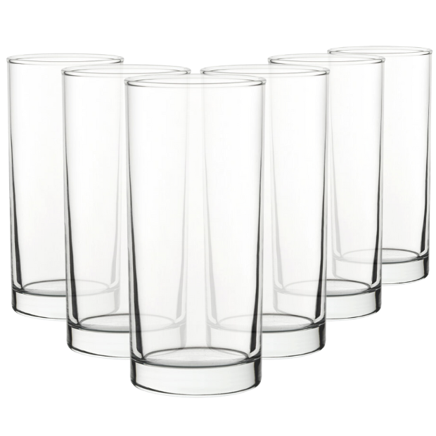 Set of six 375ml Glassware UK pure glass highball whisky tumblers with clear, smooth design for elegant drinking.