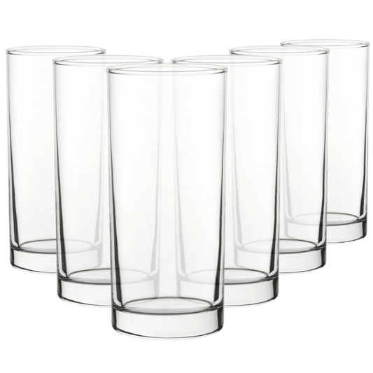 Set of six 375ml Glassware UK pure glass highball whisky tumblers with clear, smooth design for elegant drinking.