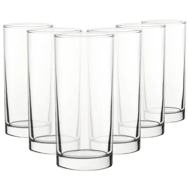 Set of six Glassware UK pure glass highball whisky tumblers, 375ml capacity, ideal for cocktails and beverages.