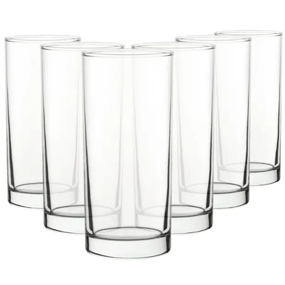 Set of six Glassware UK pure glass highball whisky tumblers, 375ml capacity, ideal for cocktails and beverages.
