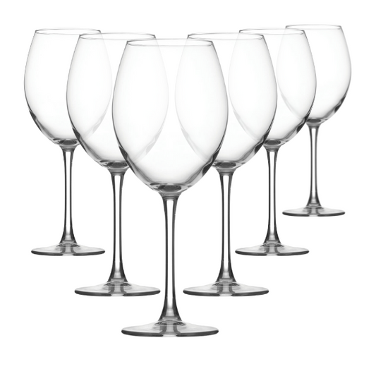 Set of six Glassware UK Enoteca red wine glasses, 550ml capacity, clear glass with elegant stem design.