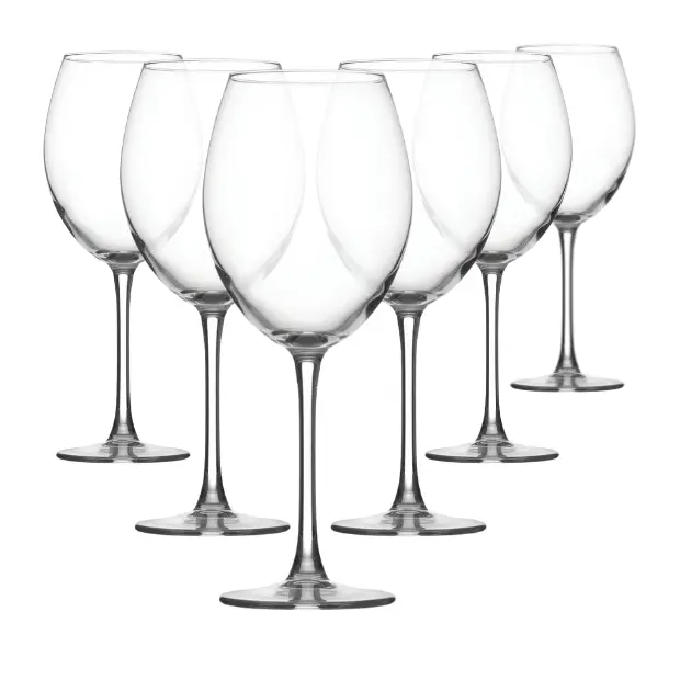Set of six Enoteca Red Wine Glasses by Glassware UK, 550ml, clear glass with elegant bowl and long stem for red wine.