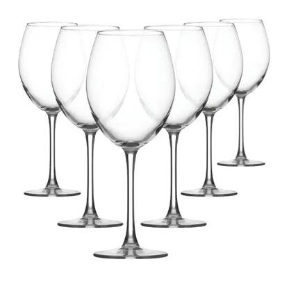 Set of six Enoteca Red Wine Glasses by Glassware UK, 550ml, clear glass with elegant bowl and long stem for red wine.