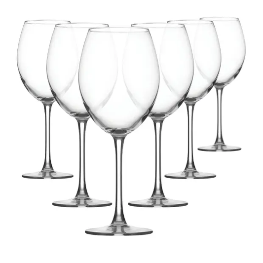 Set of six Enoteca Red Wine Glasses by Glassware UK, 550ml, clear glass with elegant bowl and long stem for red wine.