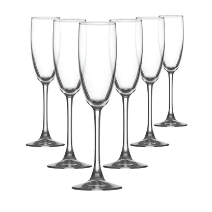 Set of six Glassware UK Enoteca Champagne Flutes, 170ml, with tall stems and clear glass, perfect for sparkling wine.