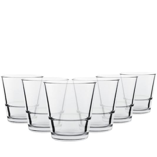 Set of six Glassware UK Grande Rocks Glasses, 410ml whisky tumblers with thick glass and classic design, perfect for enjoying drinks.