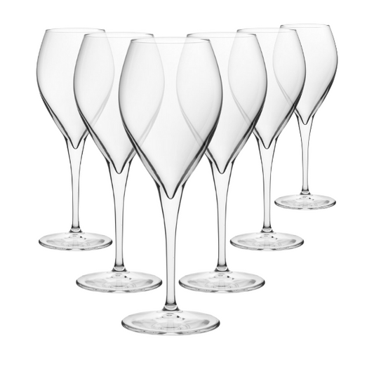 Set of six Monte Carlo wine glasses by Glassware UK, 450ml capacity, clear glass with elegant design for wine serving.