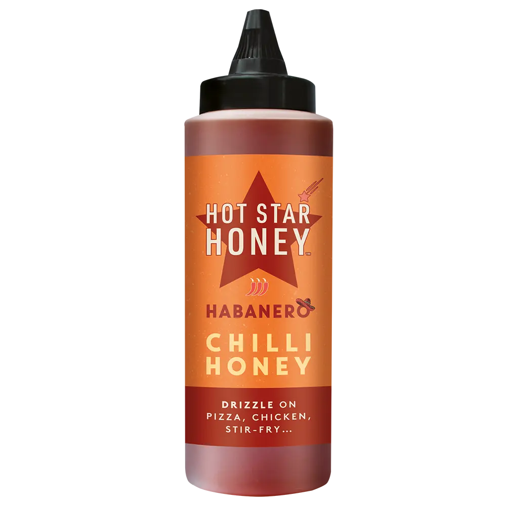 Bottle of Hot Star Honey Habanero Hot Chilli Honey with a bright orange habanero chili on the label.