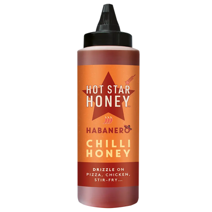 Bottle of Hot Star Honey Habanero Hot Chilli Honey with a bright orange habanero chili on the label.