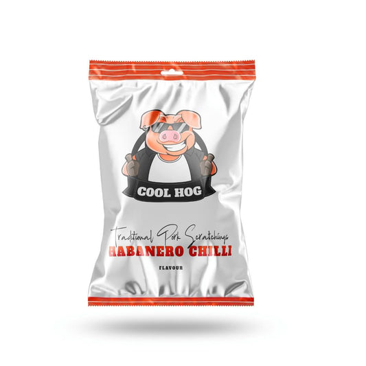 Spicy Habanero Chilli Flavour Pork Scratchings by Cool Hog Snacks showing crunchy pork cracklings seasoned with habanero chilli.