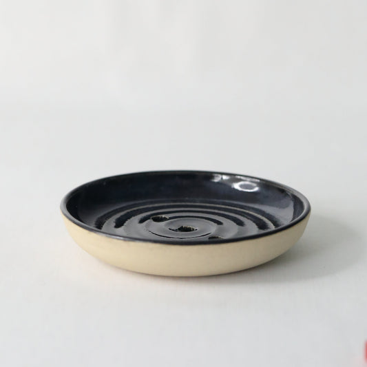 Handmade black ceramic soap dish from Katie L Thompson Designs, with smooth, rounded edges and a classic design for bathroom decor.