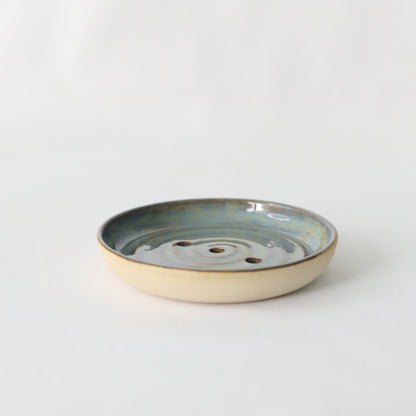Handmade seafoam blue ceramic soap dish by Katie L Thompson Designs, featuring a classic, elegant design perfect for bathroom decor.