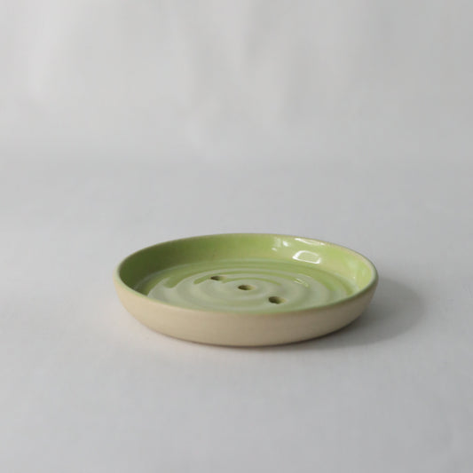 Handmade spring green ceramic soap dish by Katie L Thompson Designs with a classic, elegant design for bathroom use.