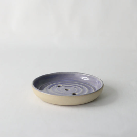 Handmade purple ceramic soap dish from Katie L Thompson Designs, featuring a classic design and amethyst purple color.