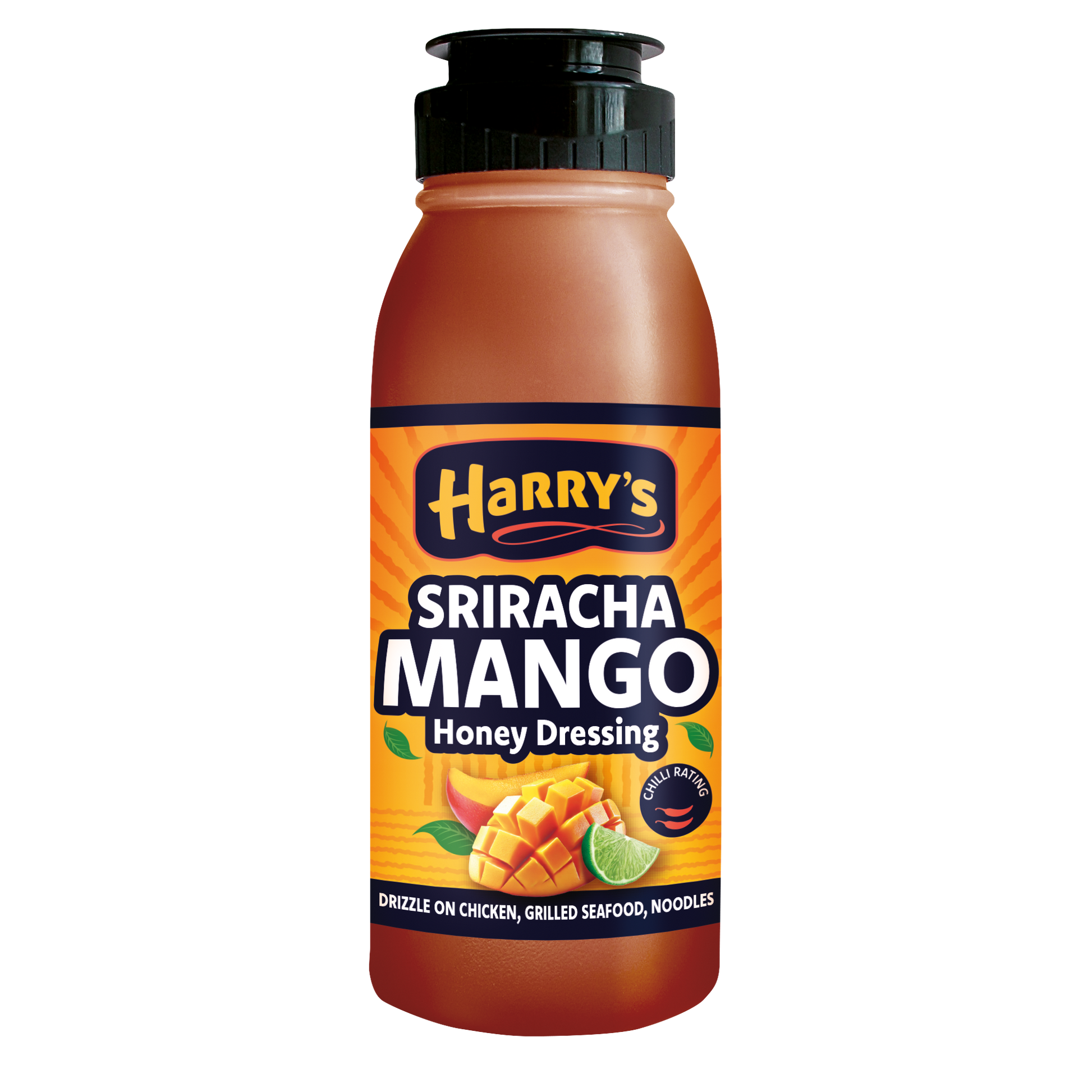 Harry's Hot Honey Sriracha Mango Dressing bottle with vibrant label, showcasing the spicy, sweet, and tangy flavor blend.