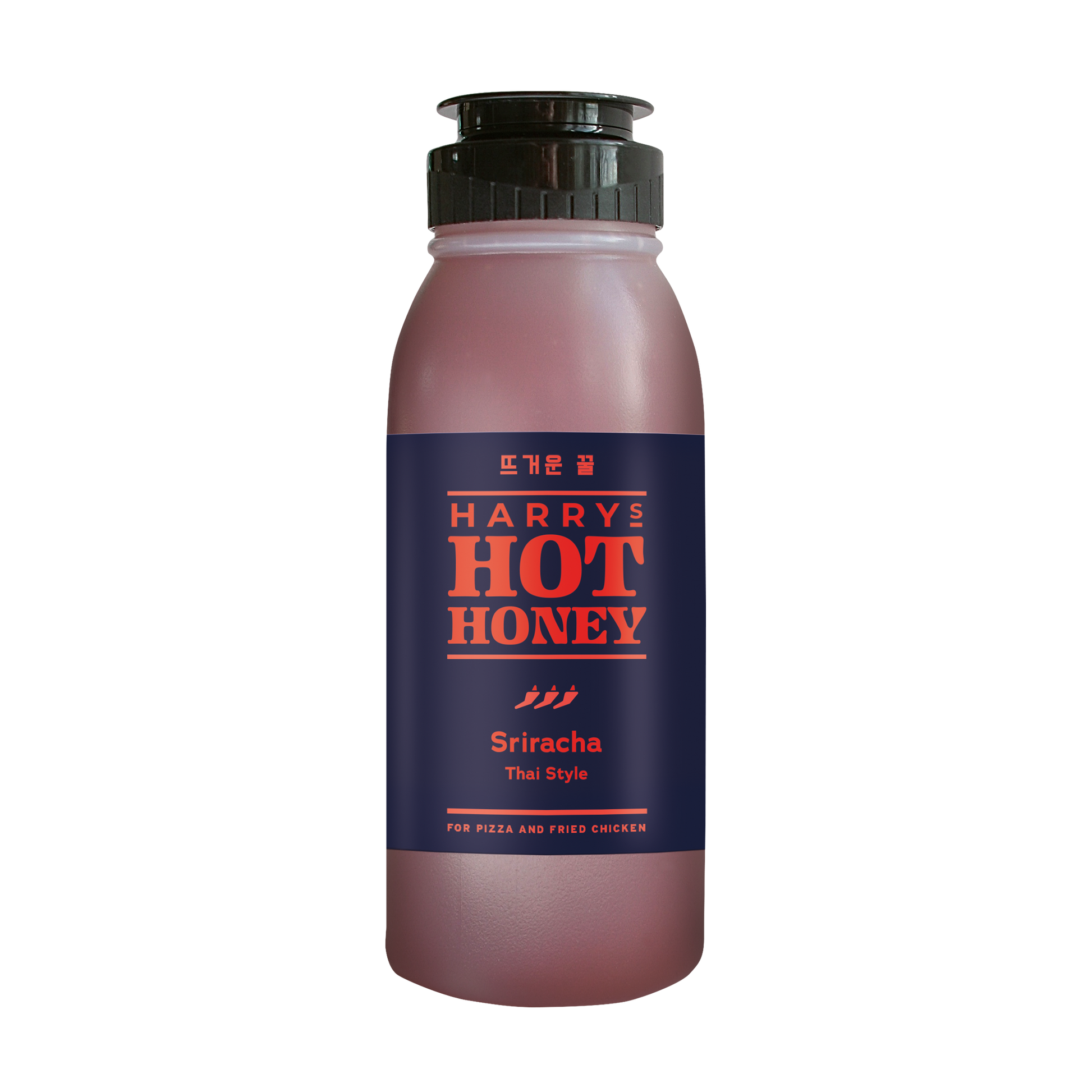 Harry's Hot Honey Sriracha hot honey in a clear glass bottle with a red and yellow label, showcasing the spicy sweet condiment.
