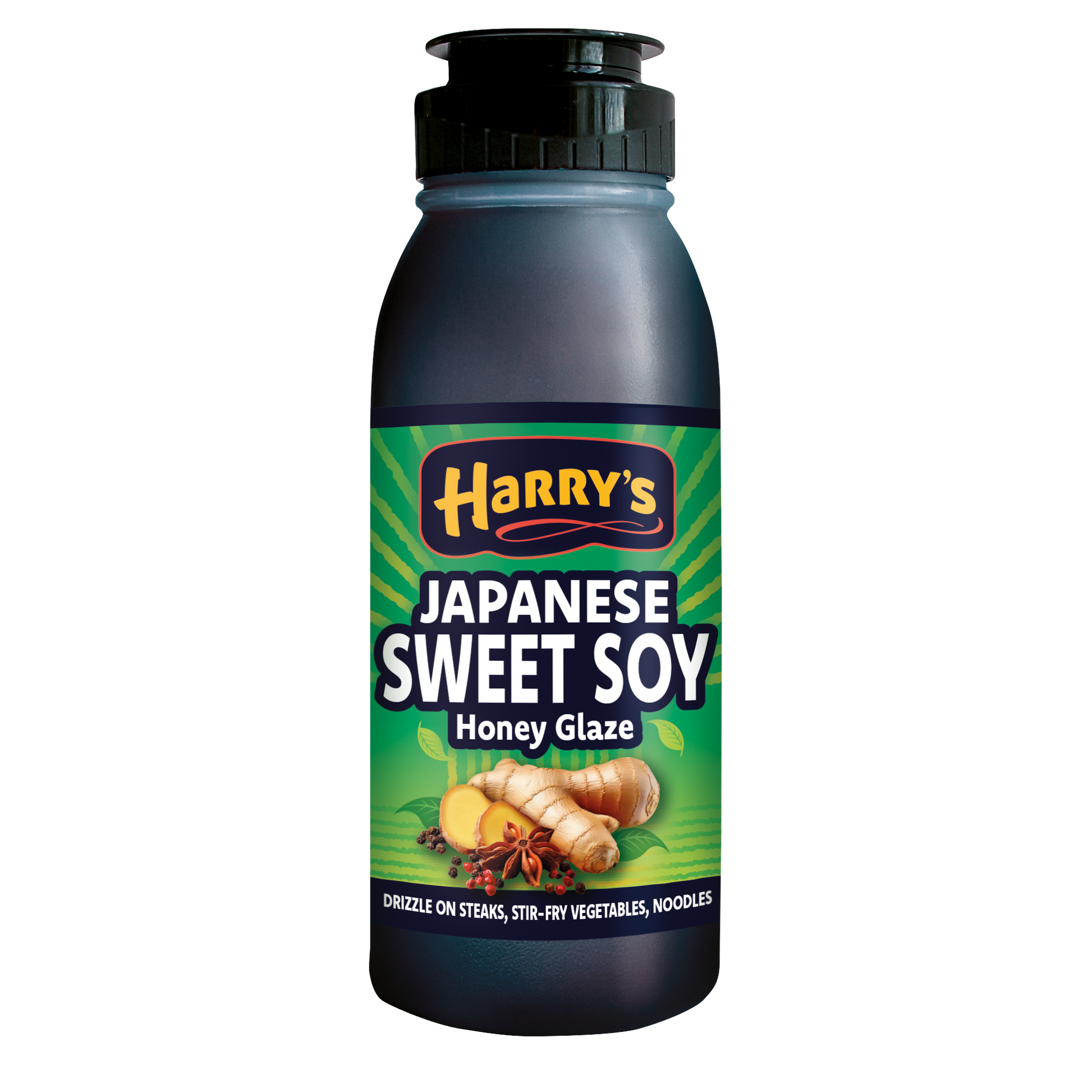 Harry's Hot Honey Japanese Sweet Soy Honey Glaze in a glass bottle, showcasing the rich, glossy soy honey glaze.