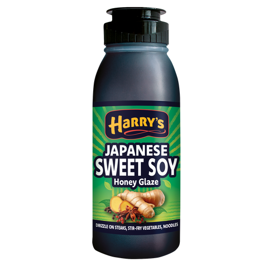 Harry's Hot Honey Japanese Sweet Soy Honey Glaze in a glass bottle, showcasing the rich, glossy soy honey glaze.