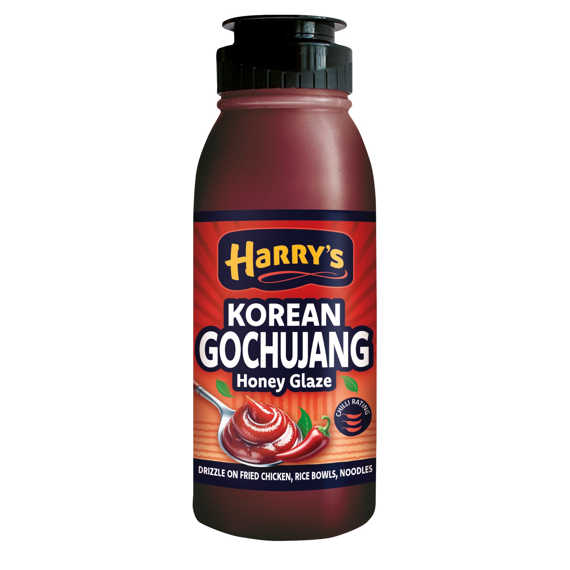 Bottle of Harry's Hot Honey Korean Gochujang Honey Glaze with red and yellow label and a squeeze cap, showcasing Korean-inspired spicy sweet glaze.