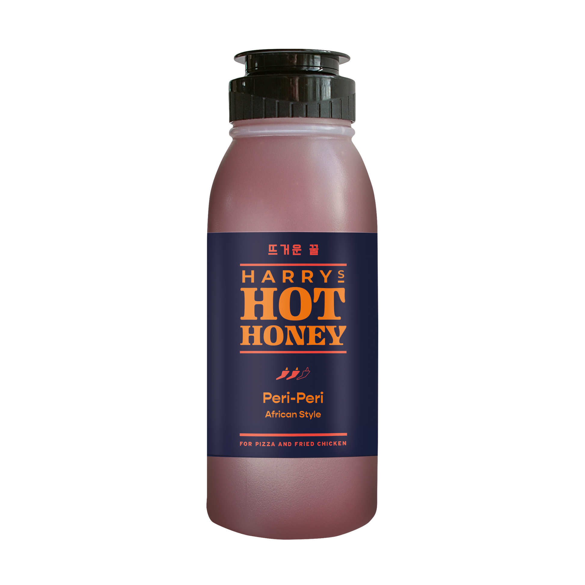Harry's Hot Honey Peri-Peri bottle with spicy honey and Peri-Peri flavor, displayed in a clear glass bottle.