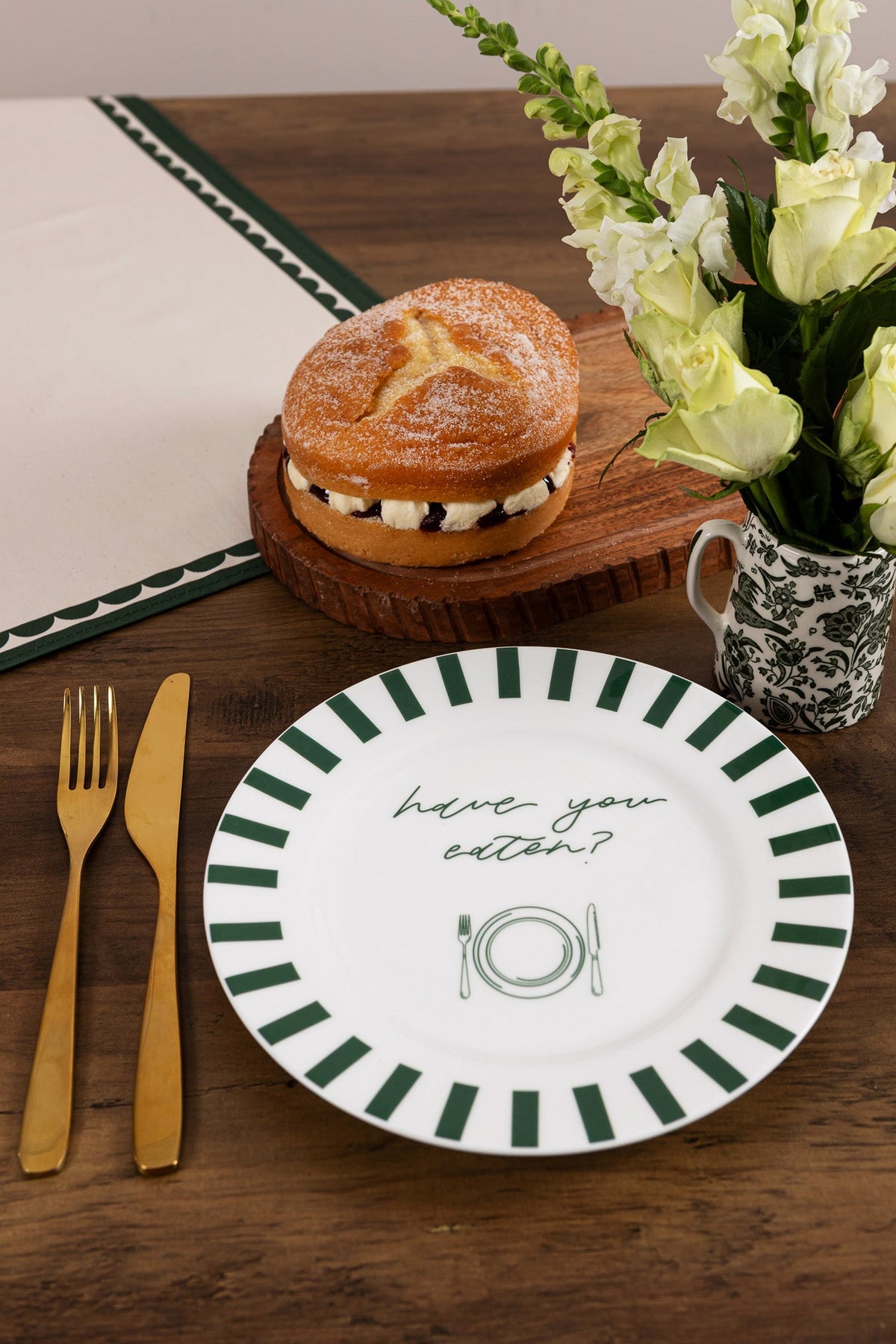 Have You Eaten Bone China Plate by Avalon Home UK, elegant white dinner plate on a table setting.