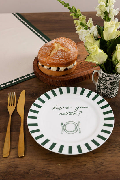 Have You Eaten Bone China Plate by Avalon Home UK, elegant white dinner plate on a table setting.